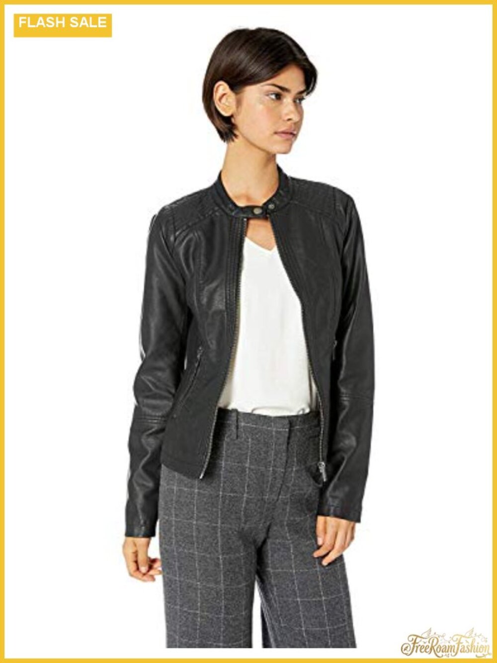Faux Leather Moto Jacket with Zip Pockets, Fitted Long Sleeve Aviator Coat